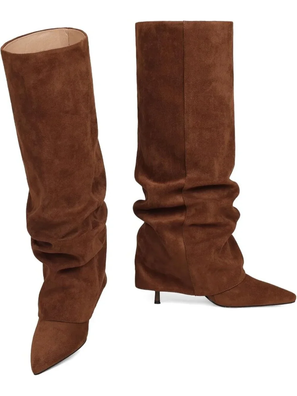 Women's Brown Suede Fold Over Point Shark Side Hidden Zipper Knee High Boots